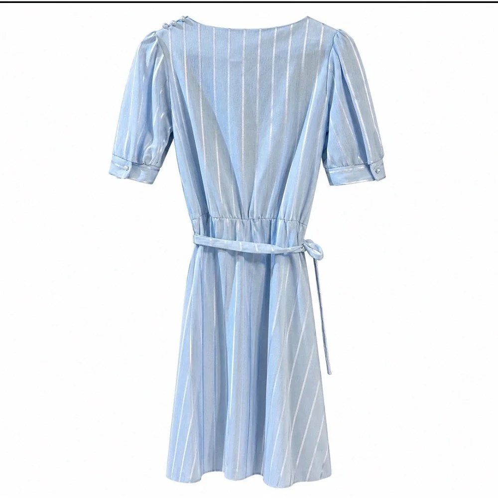 Vintage‎ Miss Oops California Blue Midi Dress Size 8 Puff Sleeve Belted USA Made
